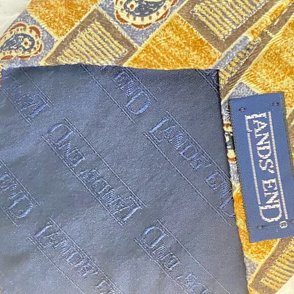 Lands End Tie 100% Silk Handsewn In USA Yellow Gray Mens - Picture 4 of 4